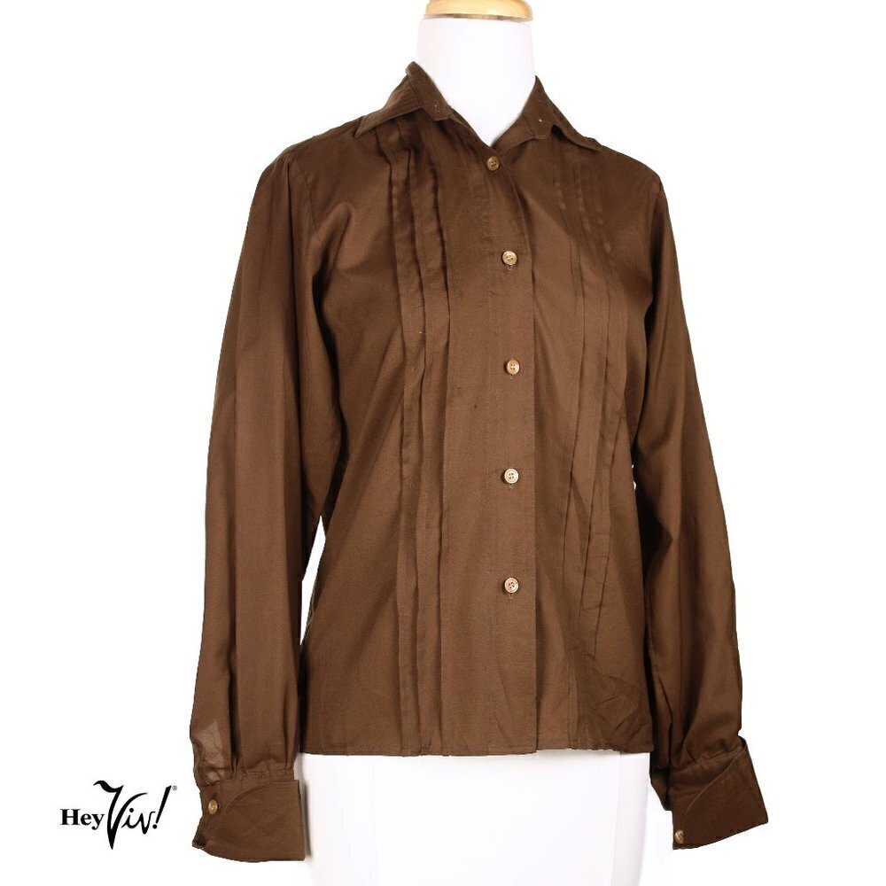 Vintage Mr Alex Shirt Dark Brown Button Up w Fold Up Cuffs Size M/L - Hey Viv